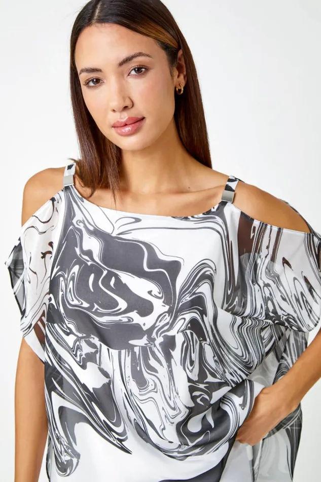 Women Black Swirl Print Cold Shoulder Overlay Top Roman Tops