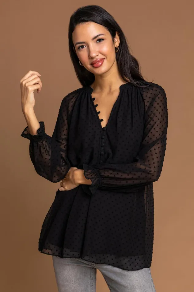 Women Black Textured Spot Print Long Sleeve Chiffon Blouse Roman Tops