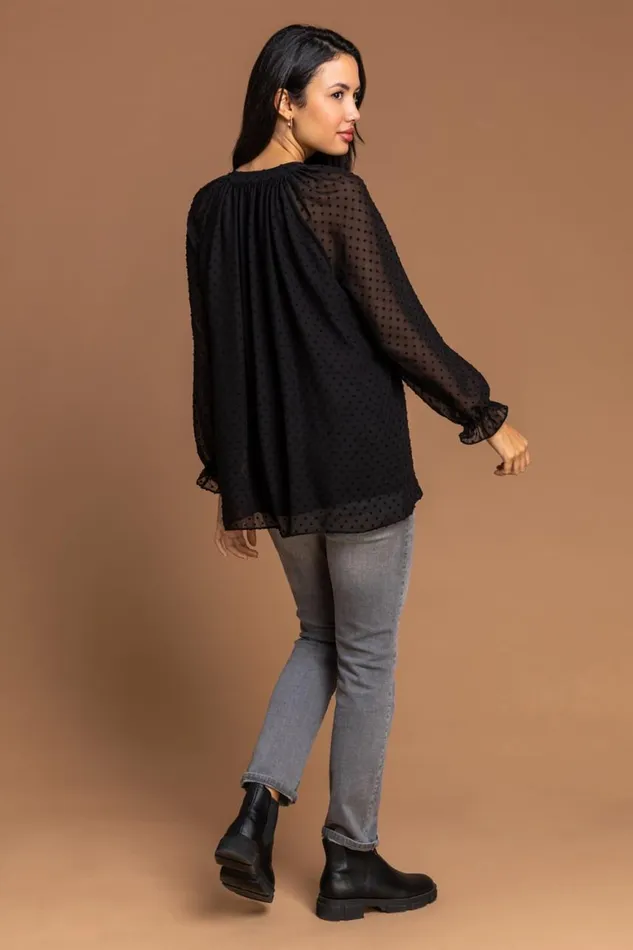 Women Black Textured Spot Print Long Sleeve Chiffon Blouse Roman Tops