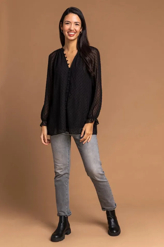 Women Black Textured Spot Print Long Sleeve Chiffon Blouse Roman Tops