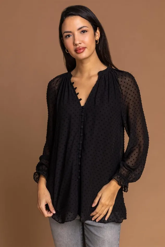 Women Black Textured Spot Print Long Sleeve Chiffon Blouse Roman Tops