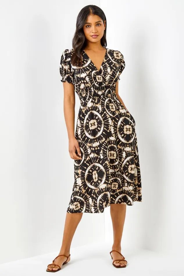 Women Black Tie Dye Fit And Flare Midi Dress Roman Dresses