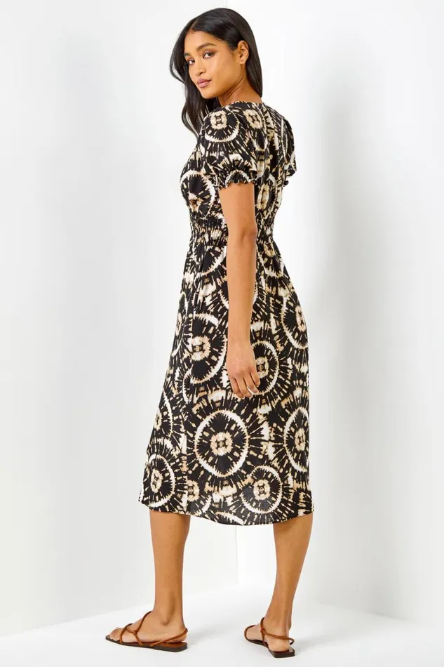 Women Black Tie Dye Fit And Flare Midi Dress Roman Dresses