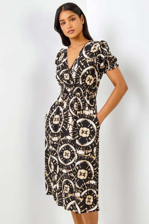 Women Black Tie Dye Fit And Flare Midi Dress Roman Dresses