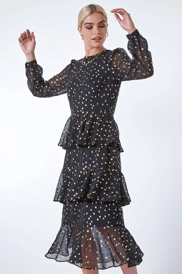 Women Black Tiered Metallic Spot Print Maxi Dress Roman Dresses
