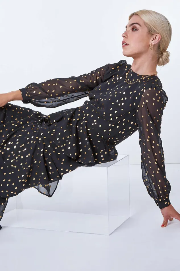 Women Black Tiered Metallic Spot Print Maxi Dress Roman Dresses
