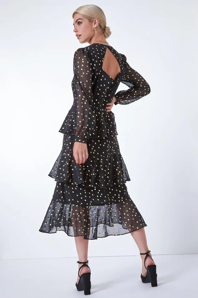 Women Black Tiered Metallic Spot Print Maxi Dress Roman Dresses