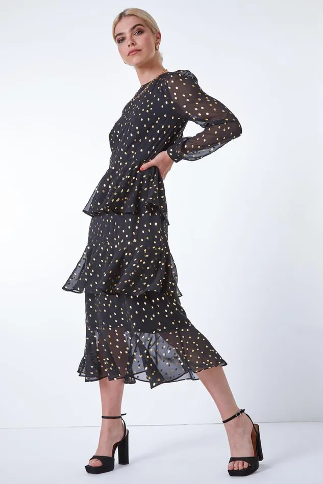 Women Black Tiered Metallic Spot Print Maxi Dress Roman Dresses