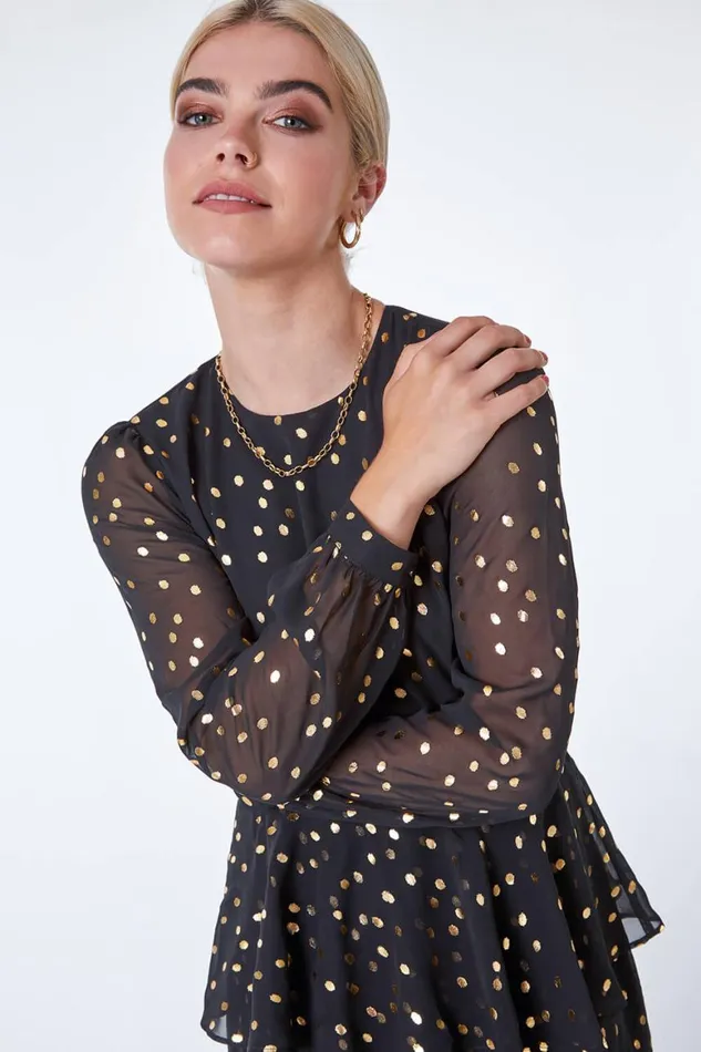 Women Black Tiered Metallic Spot Print Maxi Dress Roman Dresses