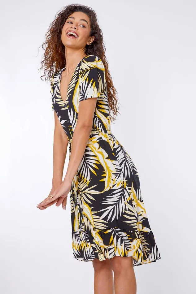 Women Black Tropical Leaf Frill Hem Midi Dress Roman Dresses