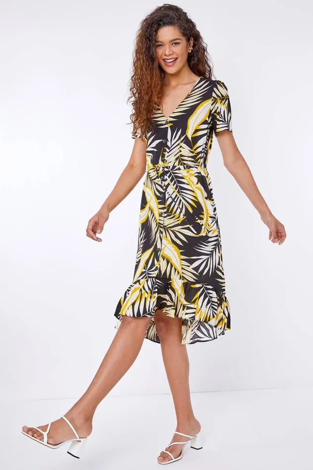 Women Black Tropical Leaf Frill Hem Midi Dress Roman Dresses