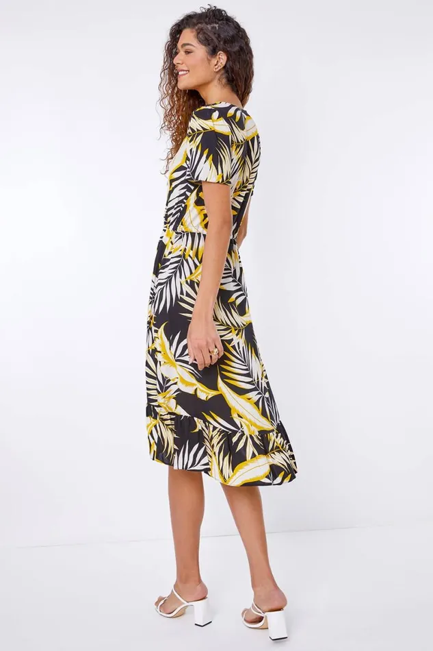 Women Black Tropical Leaf Frill Hem Midi Dress Roman Dresses