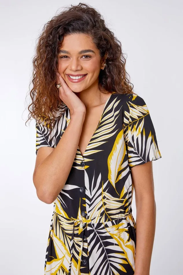 Women Black Tropical Leaf Frill Hem Midi Dress Roman Dresses