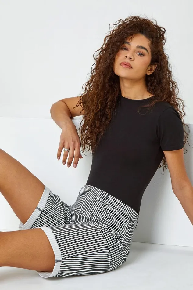 Women Black Turn Up Stripe Stretch Shorts Roman Shorts
