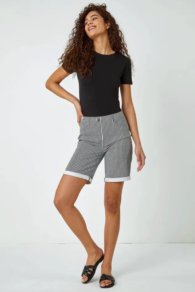 Women Black Turn Up Stripe Stretch Shorts Roman Shorts