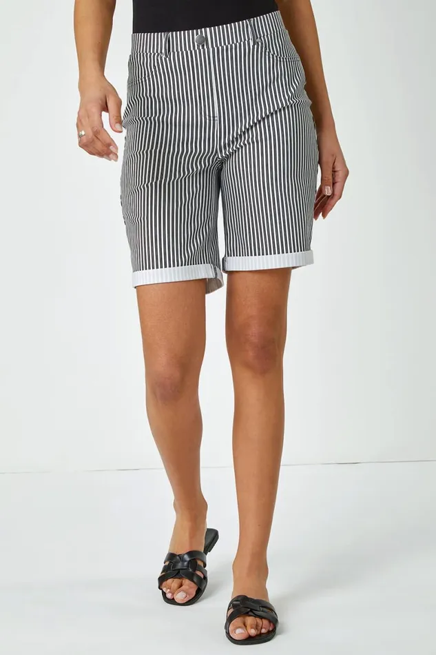 Women Black Turn Up Stripe Stretch Shorts Roman Shorts