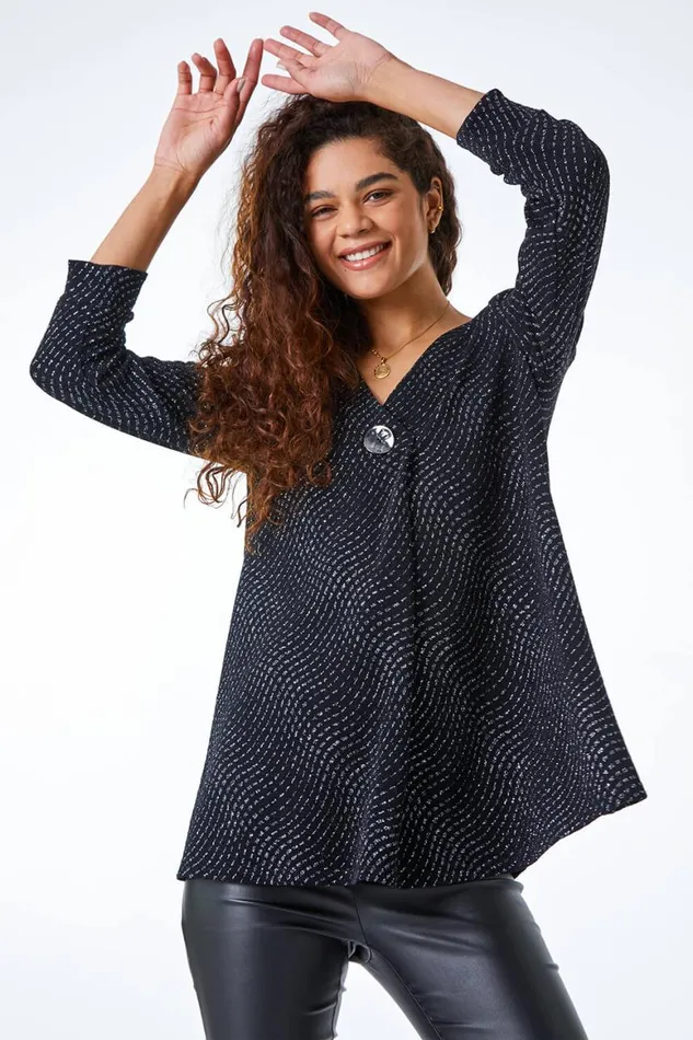 Women Black VNeck Shimmer Pleat Tunic Top Roman Tops