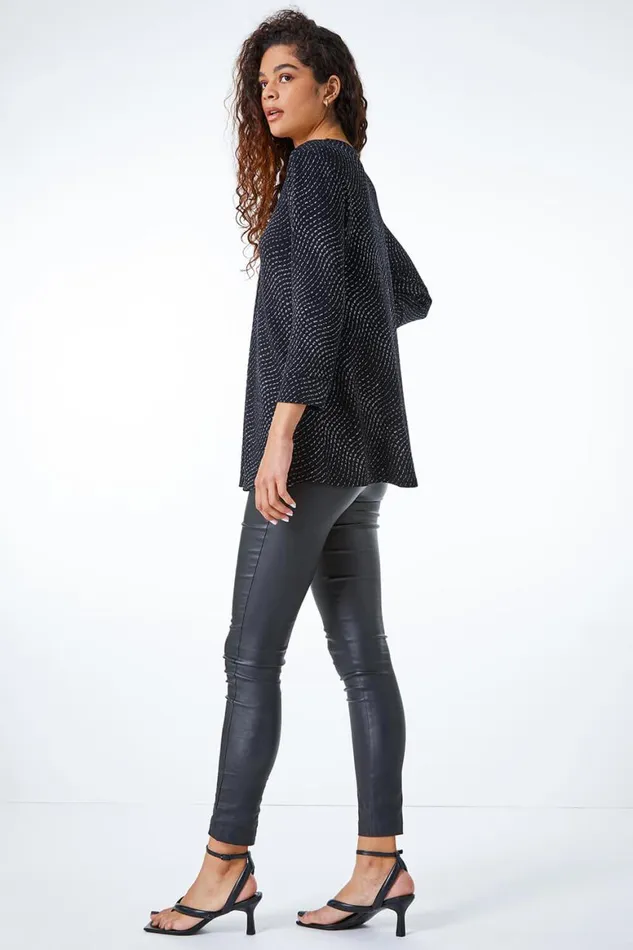 Women Black VNeck Shimmer Pleat Tunic Top Roman Tops