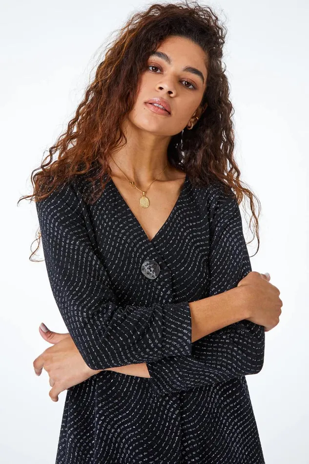 Women Black VNeck Shimmer Pleat Tunic Top Roman Tops