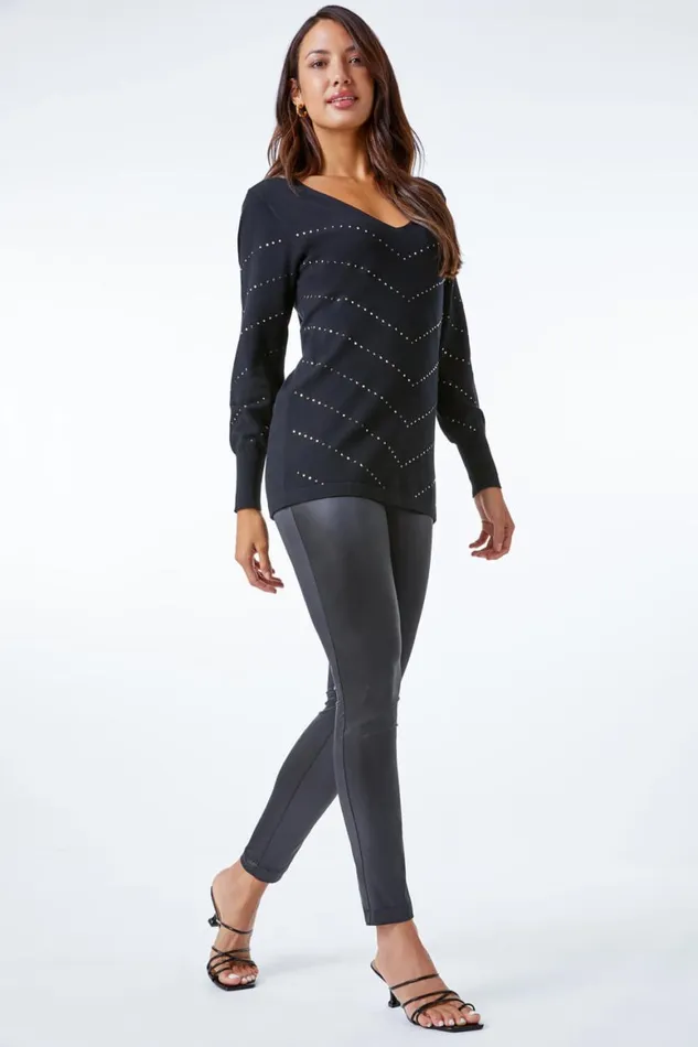Women Black Wet Look Faux Leather Leggings Roman Trousers