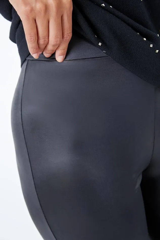Women Black Wet Look Faux Leather Leggings Roman Trousers