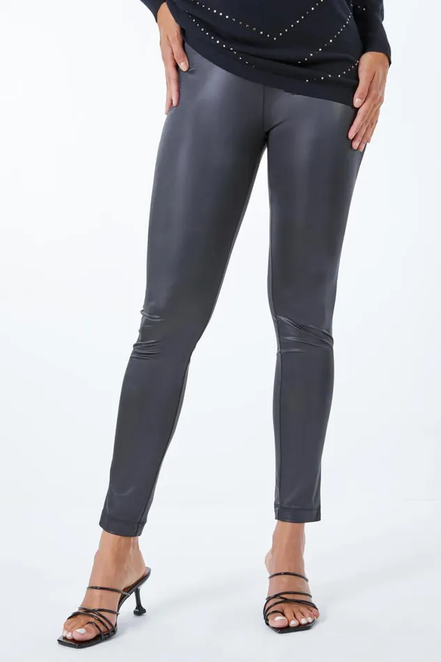 Women Black Wet Look Faux Leather Leggings Roman Trousers