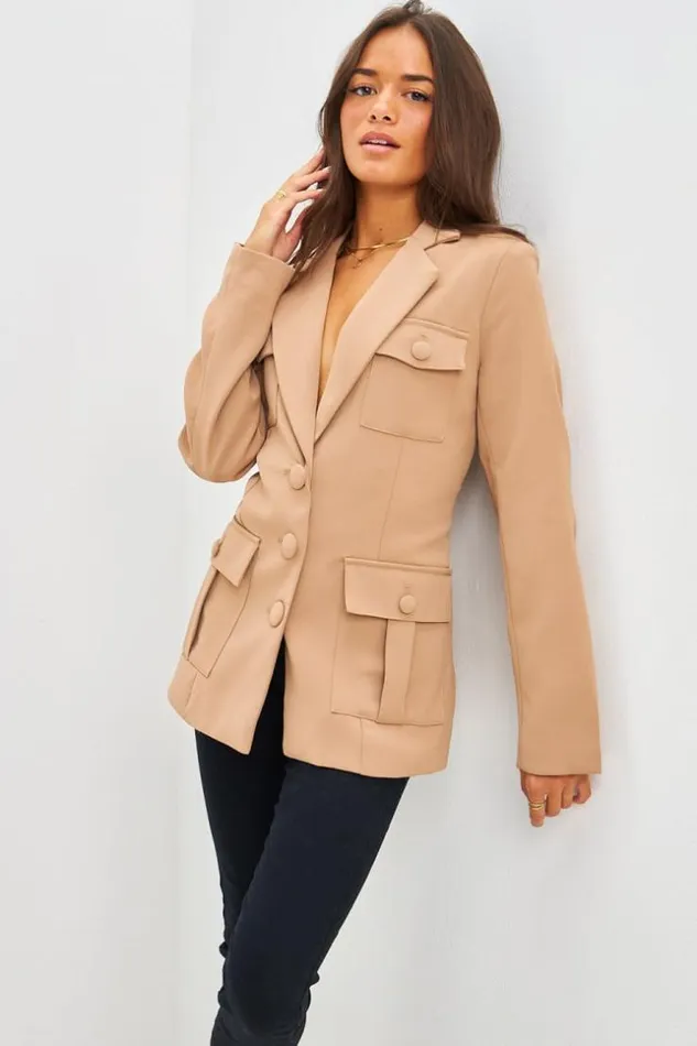 Women Blazer Camel Poches Et Chaine En Mtal Camel Brentiny Paris Jackets