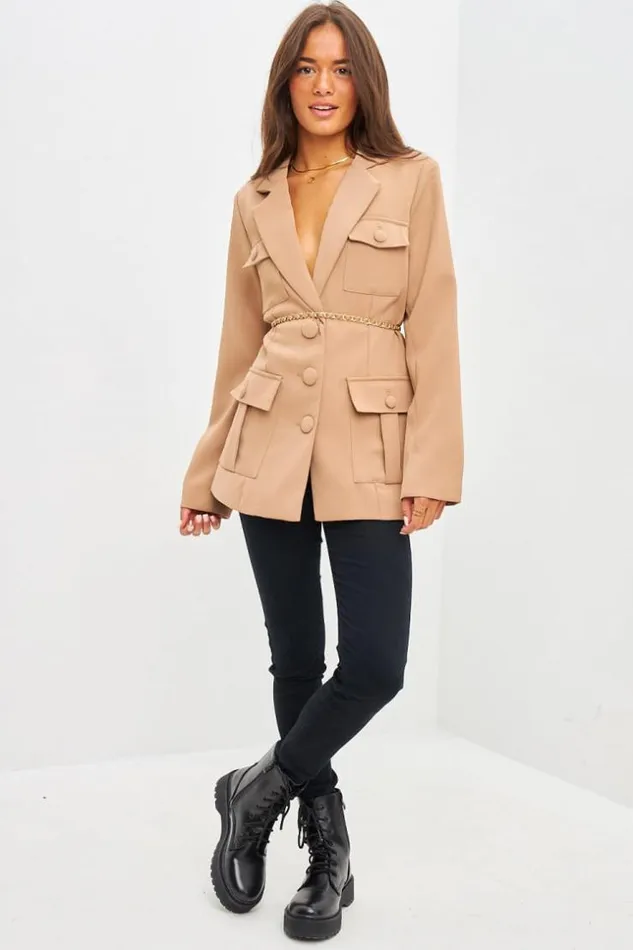 Women Blazer Camel Poches Et Chaine En Mtal Camel Brentiny Paris Jackets