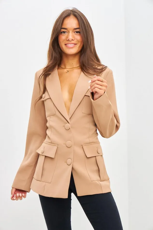 Women Blazer Camel Poches Et Chaine En Mtal Camel Brentiny Paris Jackets