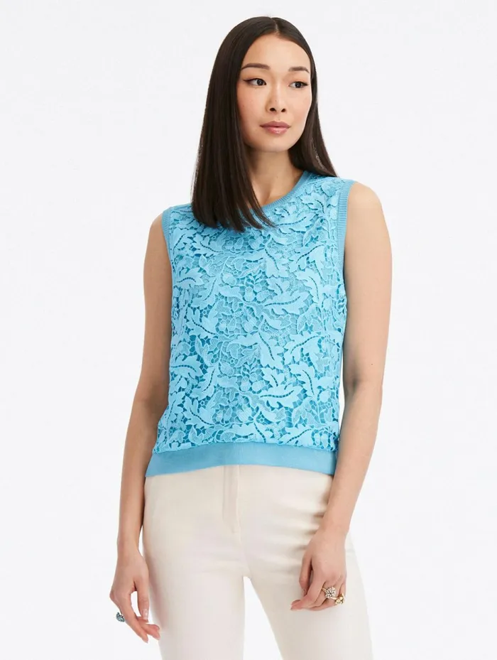 Women Blouses and Knits Oscar De La Renta Acorn Guipure Inset Tank Aqua