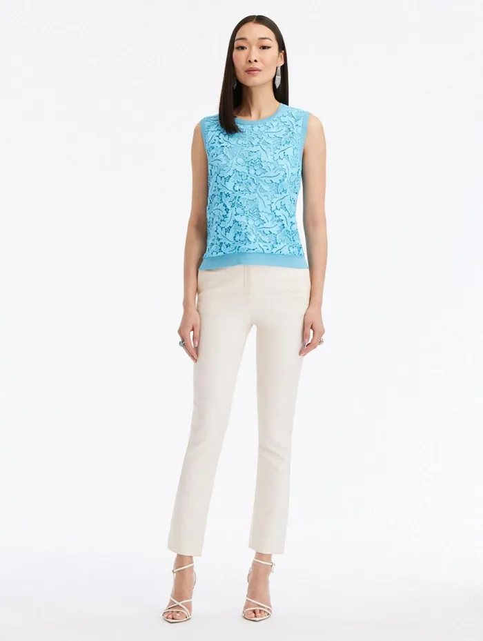 Women Blouses and Knits Oscar De La Renta Acorn Guipure Inset Tank Aqua Women Blouses and Knits Oscar De La Renta Acorn Guipure Inset Tank Aqua