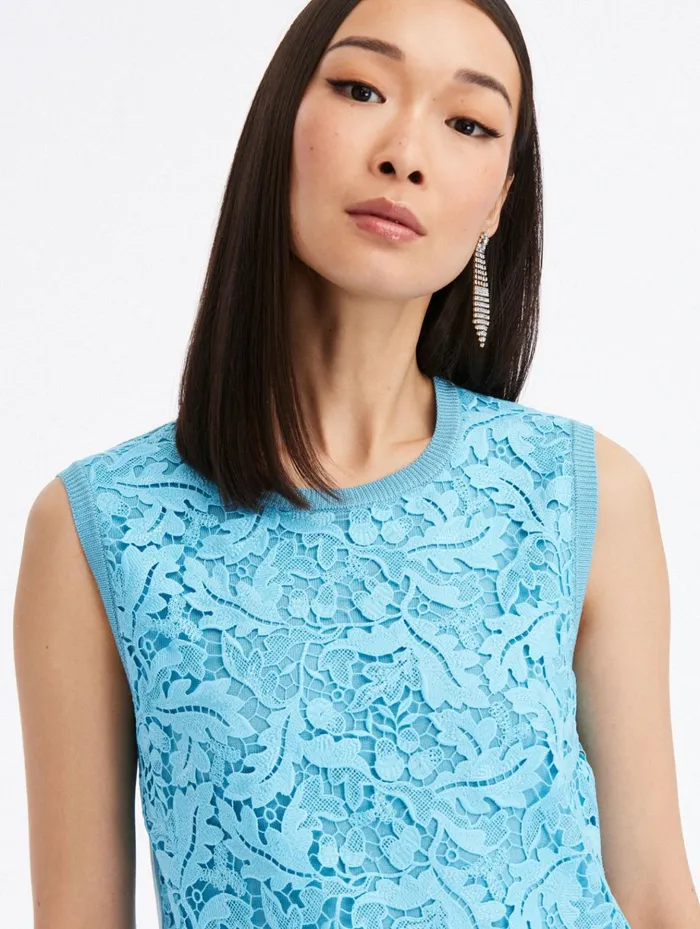 Women Blouses and Knits Oscar De La Renta Acorn Guipure Inset Tank Aqua Women Blouses and Knits Oscar De La Renta Acorn Guipure Inset Tank Aqua