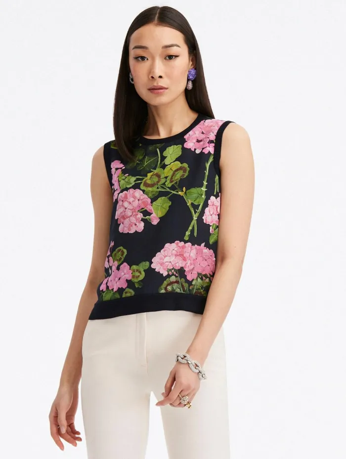 Women Blouses and Knits Oscar De La Renta Geranium Silk Inset Tank Pinknavy