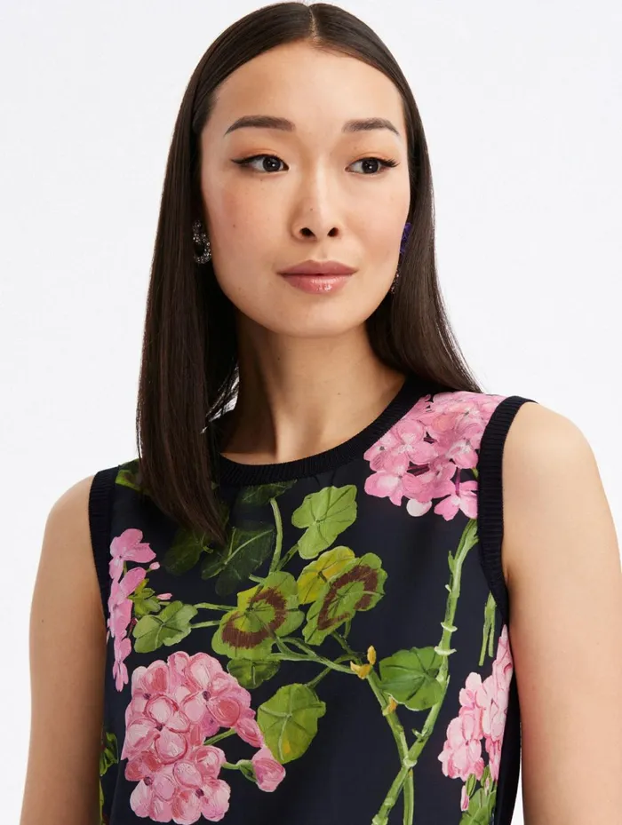 Women Blouses and Knits Oscar De La Renta Geranium Silk Inset Tank Pinknavy Women Blouses and Knits Oscar De La Renta Geranium Silk Inset Tank Pinknavy