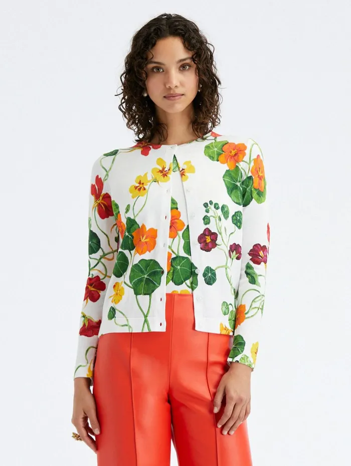 Women Blouses and Knits Oscar De La Renta Nasturtium Printed Cardigan Ivory Multi