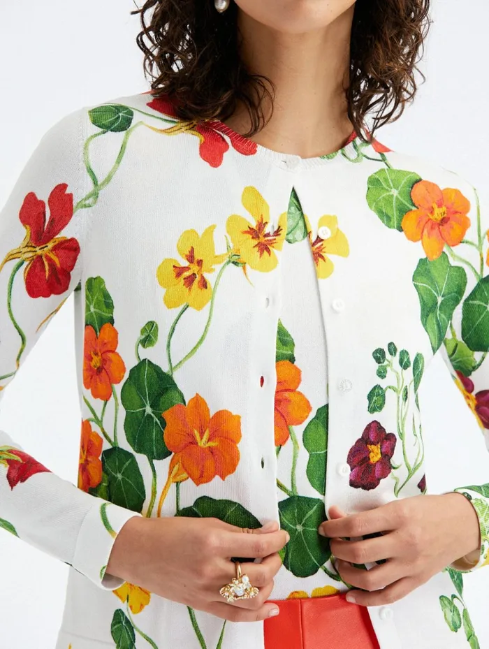 Women Blouses and Knits Oscar De La Renta Nasturtium Printed Cardigan Ivory Multi Women Blouses and Knits Oscar De La Renta Nasturtium Printed Cardigan Ivory Multi