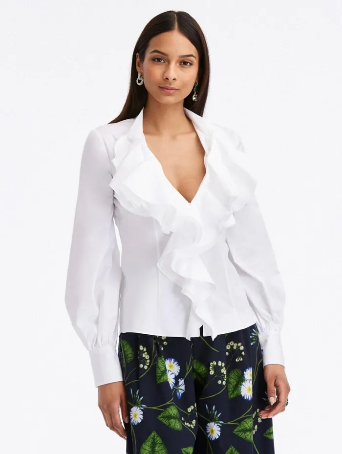 Women Blouses and Knits Oscar De La Renta Ruffle Detail Cotton Blouse White