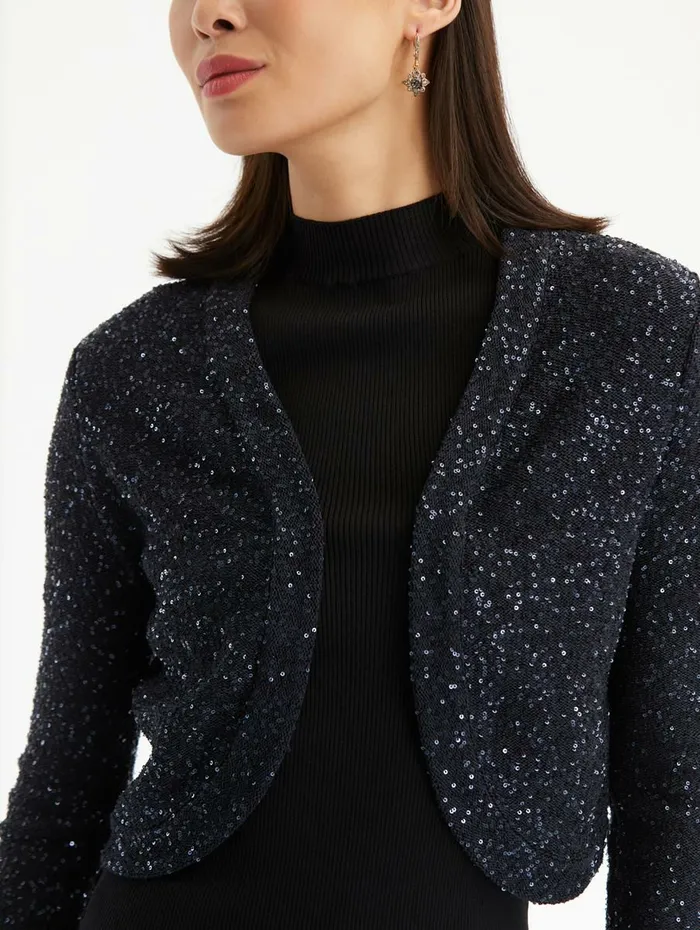 Women Blouses and Knits Oscar De La Renta Sequin Cashmere Silk Bolero Midnight Women Blouses and Knits Oscar De La Renta Sequin Cashmere Silk Bolero Midnight