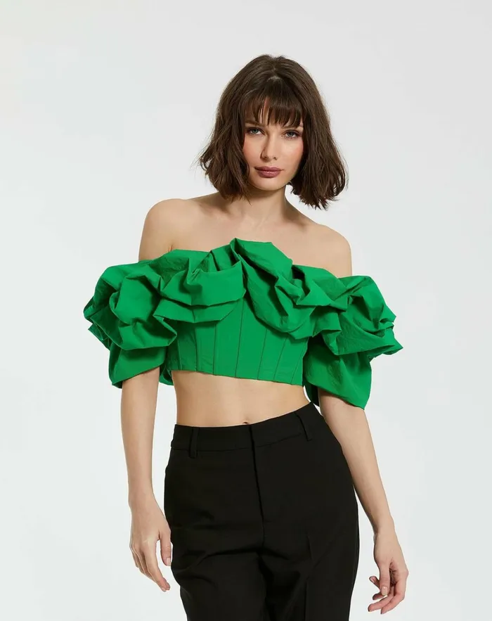 Women Blouses And Tops Mac Duggal Green Faille Off The Shoulder Bustier Ruffle Top 8211 FINAL SALE Spring Green Women Blouses And Tops Mac Duggal Green Faille Off The Shoulder Bustier Ruffle Top 8211 FINAL SALE Spring Green