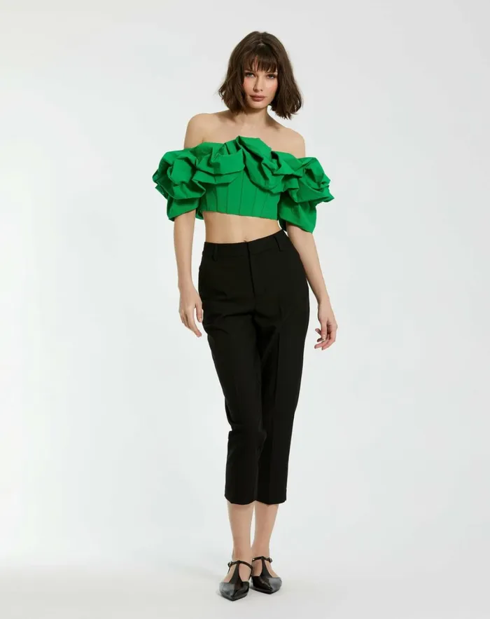 Women Blouses And Tops Mac Duggal Green Faille Off The Shoulder Bustier Ruffle Top 8211 FINAL SALE Spring Green
