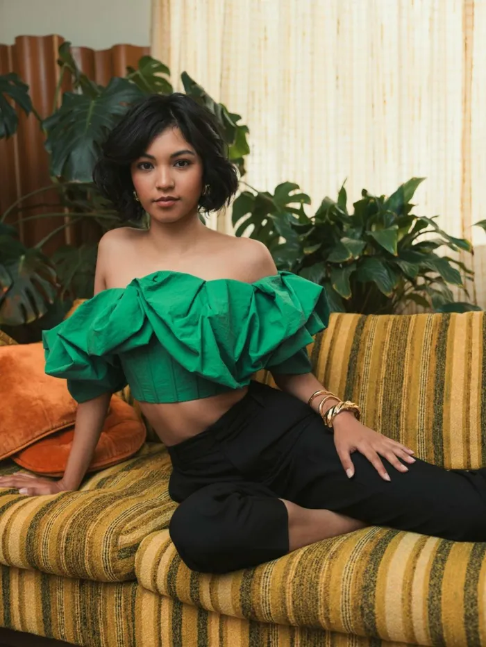 Women Blouses And Tops Mac Duggal Green Faille Off The Shoulder Bustier Ruffle Top 8211 FINAL SALE Spring Green