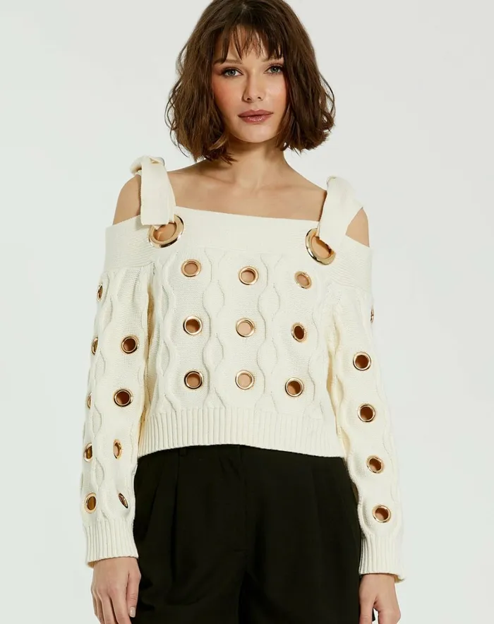 Women Blouses And Tops Mac Duggal Ivory Chunky Knit Off The Shoulder Grommet Cropped Sweater Cream Women Blouses And Tops Mac Duggal Ivory Chunky Knit Off The Shoulder Grommet Cropped Sweater Cream
