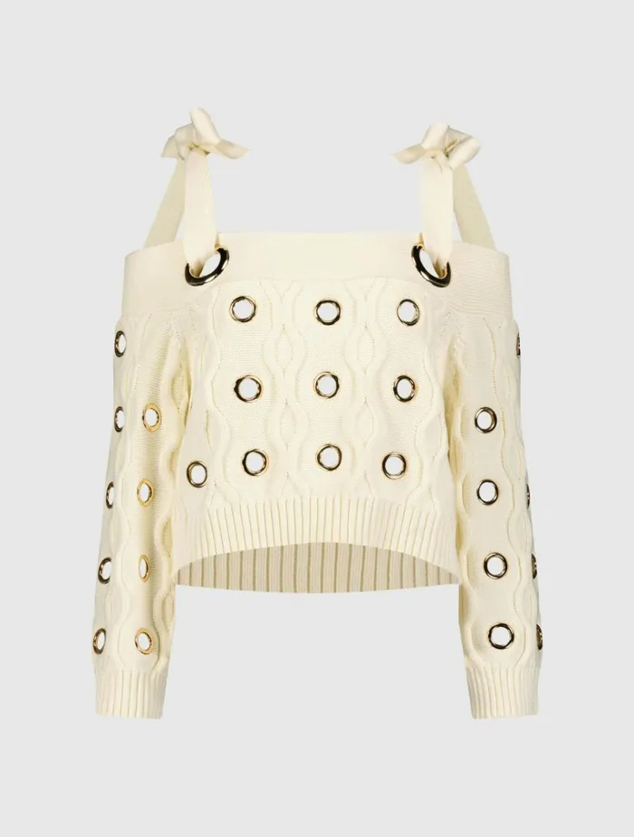 Women Blouses And Tops Mac Duggal Ivory Chunky Knit Off The Shoulder Grommet Cropped Sweater Cream