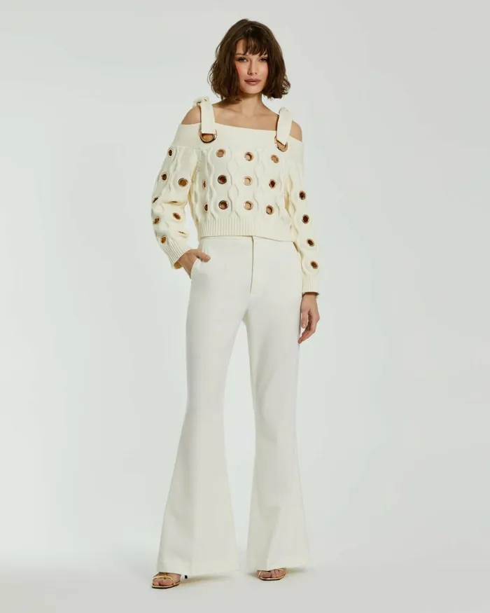 Women Blouses And Tops Mac Duggal Ivory Chunky Knit Off The Shoulder Grommet Cropped Sweater Cream