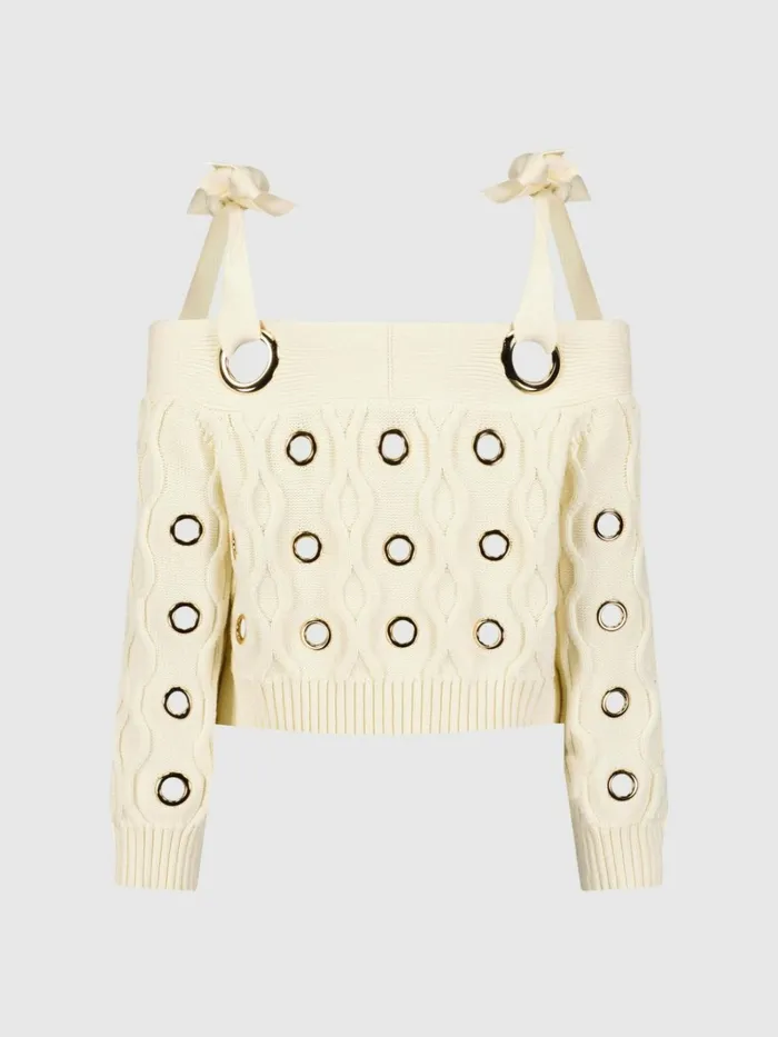 Women Blouses And Tops Mac Duggal Ivory Chunky Knit Off The Shoulder Grommet Cropped Sweater Cream