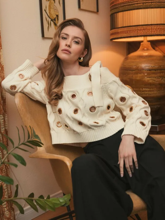 Women Blouses And Tops Mac Duggal Ivory Chunky Knit Off The Shoulder Grommet Cropped Sweater Cream