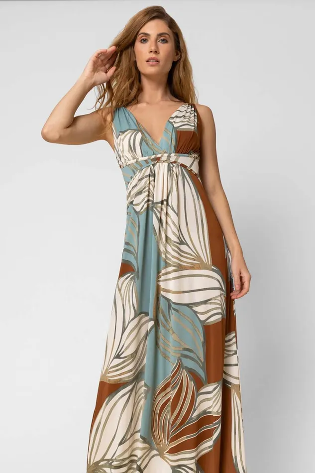 Women Blue Abstract Leaf Print V Neck Maxi Dress Roman Dresses