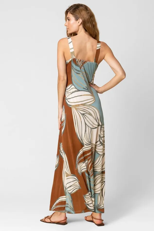 Women Blue Abstract Leaf Print V Neck Maxi Dress Roman Dresses