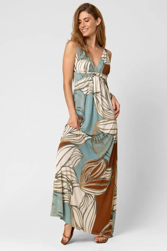 Women Blue Abstract Leaf Print V Neck Maxi Dress Roman Dresses