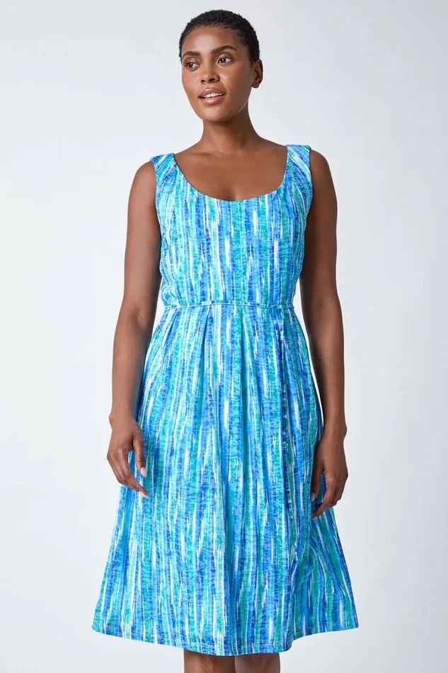 Women Blue Abstract Pleat Detail Dress Roman Dresses